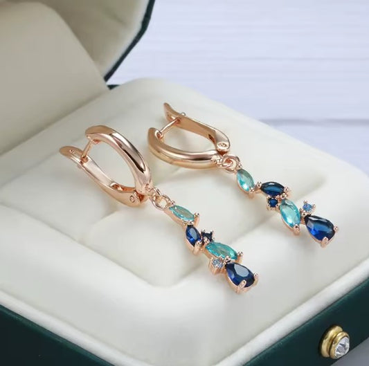 Luxury Blue Natural Zircon Leaf Long Dangle Earrings