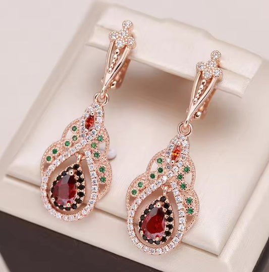 Crystal Flower Red Zircon Earrings
