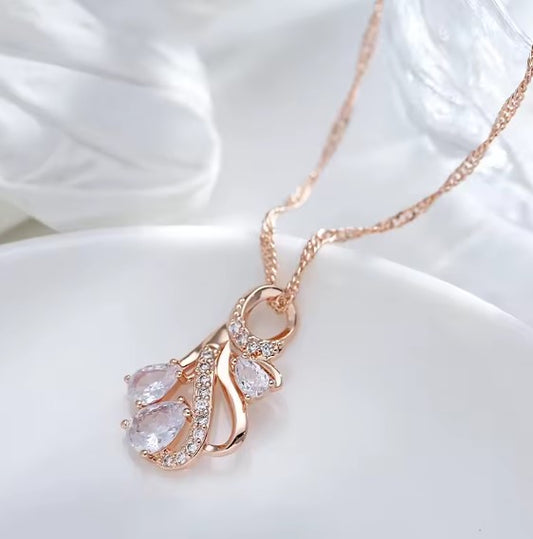 Rose Gold Hollow Flowers Natural Zircon Necklace