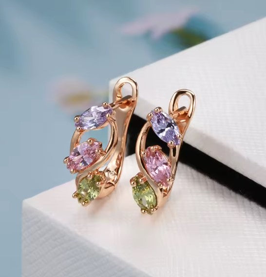 Pink Colorful Zircon Rose Gold Dangle Earrings