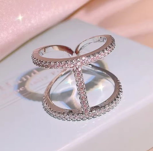 Double Line Cross Silver Ring