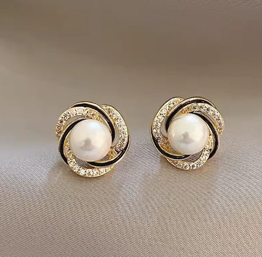Vintage Zircon Wrapped Flower Pearl Earrings