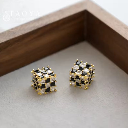 Elegant Black and White Zircon Crystal Square Earrings