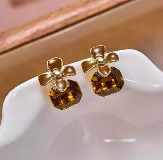Brown Flower Champagne Crystal Earrings