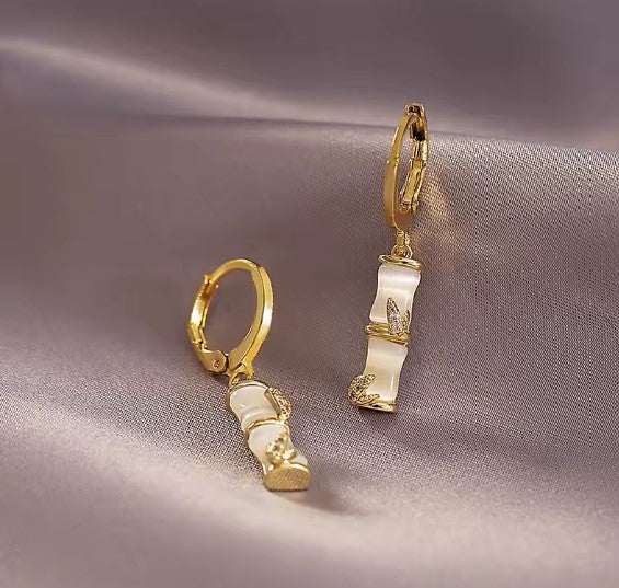 Classic Bamboo Shaped Stone Gold Earrings