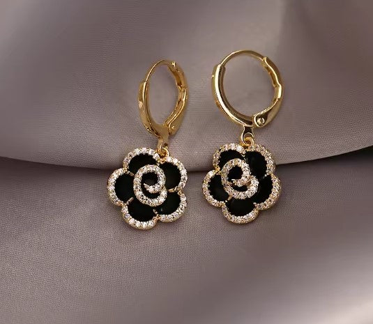 Exquisite Black Camellia Flower Earrings