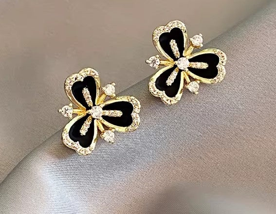 Luxurious Black Micro Set with Zircon Flower Earrings