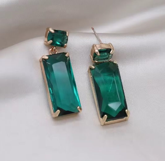 Vintage Green Rectangle Crystal Earrings