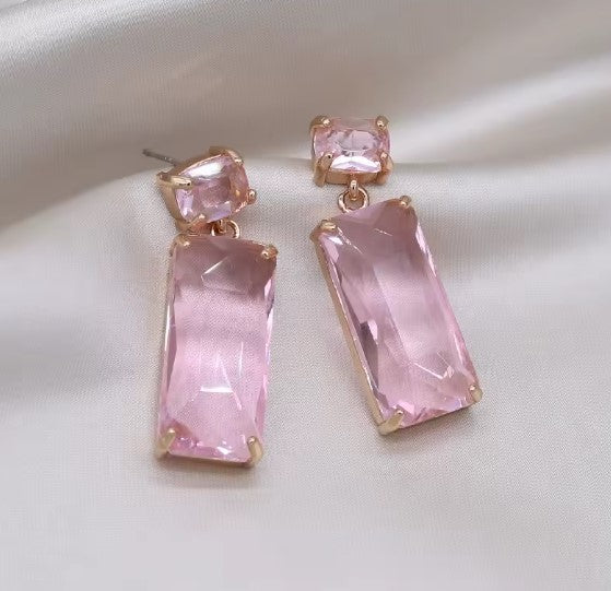 Pink Rectangle Crystal Earrings