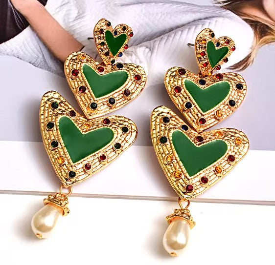 Heart Beaded Green Drop Earrings