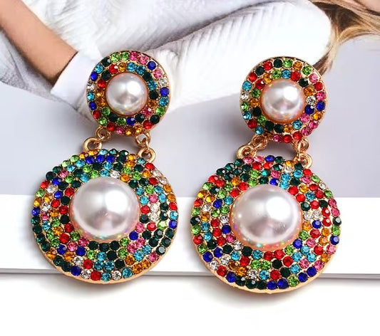 Elegant Colorful Rhinestone Round Drop Earrings