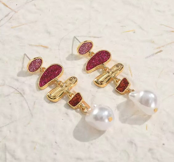 Vintage Red Dangle Pearl Earrings