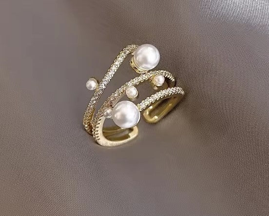 Exquisite Three-Layer Pearl Gold Adjustable Ring