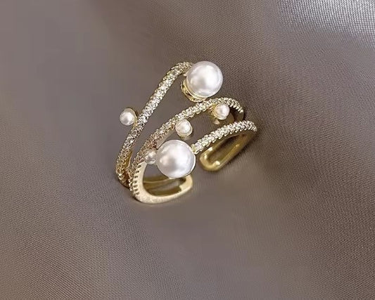 Exquisite Three-Layer Pearl Gold Adjustable Ring