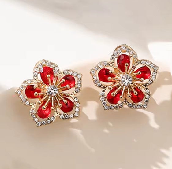 Elegant Crystal Zircon Red Rose Earrings