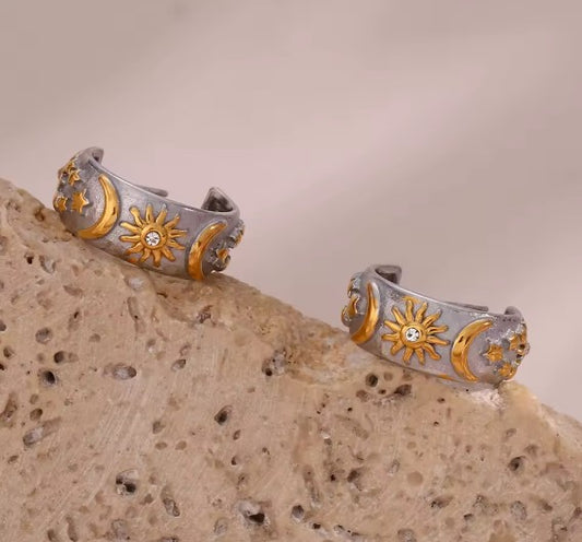 Classic Moon Sun Star Charm Hoop Earrings