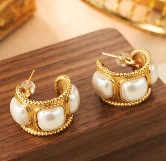 Classic Pearl Hoops Gold Earrings