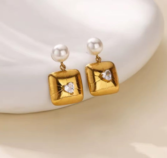 Vintage Pearl Heart Crystal Earrings