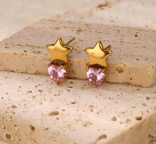Classic Heart Pink Zircon Star Earrings