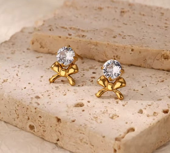 Classic White Stone Bow Stud Earrings