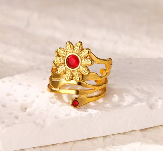 Classic Red Stone Sun Flower Ring