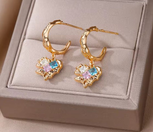 Colored Zircon Heart Lava Gold Earrings