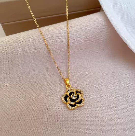 Black Camellia Flower Pendant Necklace