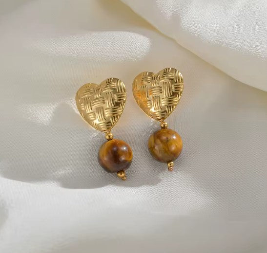Classic Brown Beads Gold Heart Earrings
