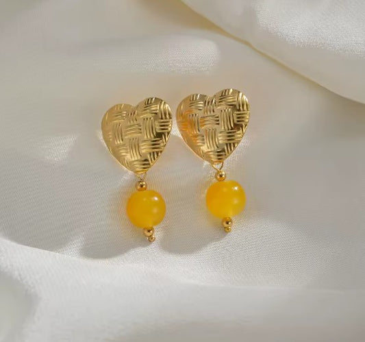 Classic Yellow Beads Gold Heart Earrings
