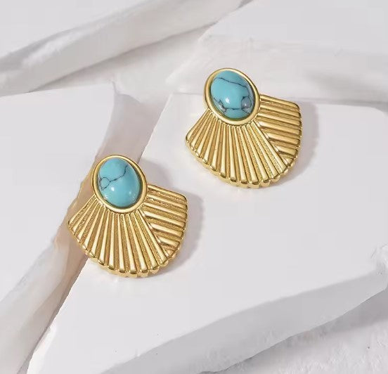 Vintage Turquoise Inlay Scallop Earrings