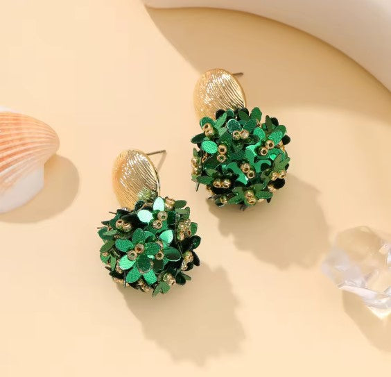 Elegant Flower Petal Green Beads Drop Earrings