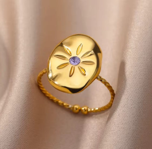 Daisy Purple Zircon Adjustable Gold Ring