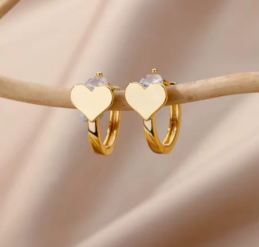 Elegant Zircon Heart Hoop Gold Earrings