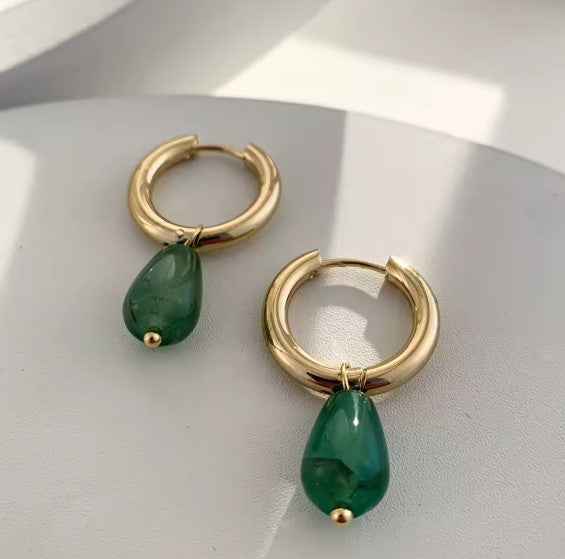 Vintage Green Stone Teardrop Dangle Earrings