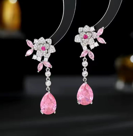 Camellia Flower Tassel Pink Drop Earrings