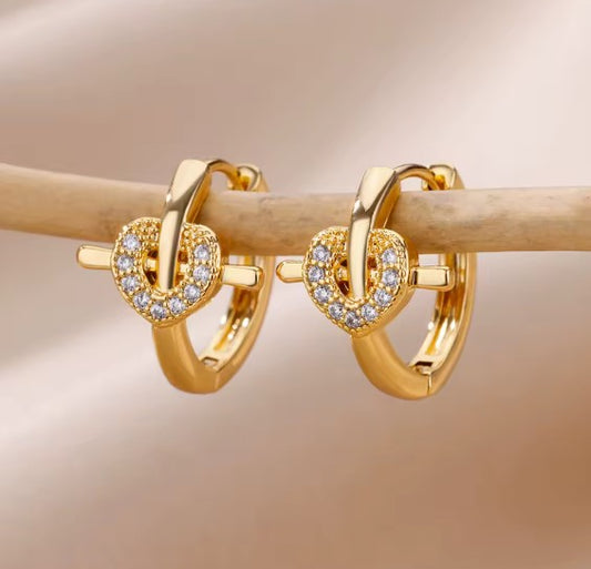 Elegant Zircon Heart Gold Earrings