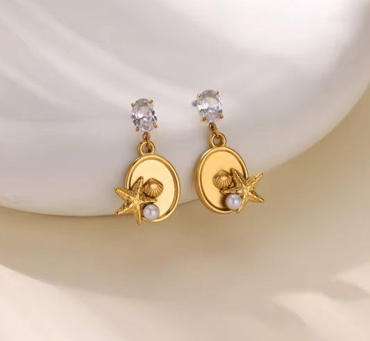 Vintage Zircon Starfish Shells Earrings