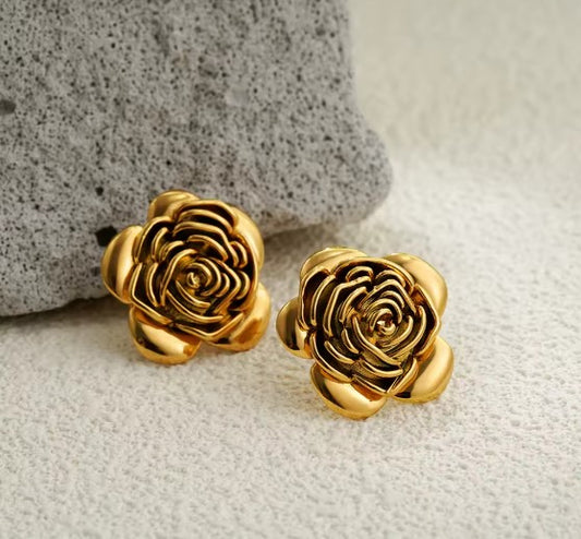Vintage Rose Flower Stud Gold Earrings