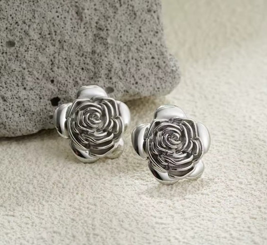 Vintage Rose Flower Stud Silver Earrings