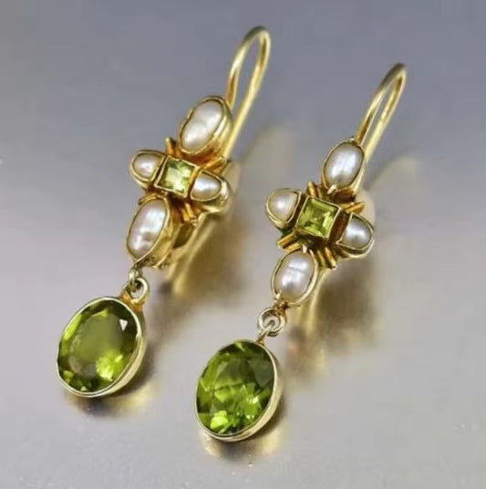 Dazzling Inlaid Green Stone Gold Earrings