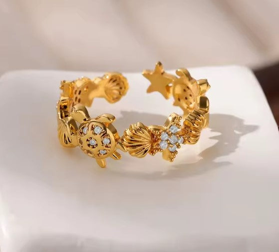 Vintage Zircon Starfish Shell Adjustable Ring