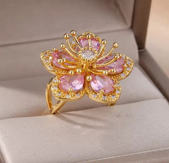 Pink Zircon Floral Gold Ring