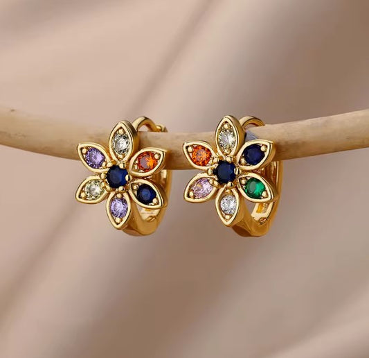 Vintage Colorful Flower Hoop Gold Earring