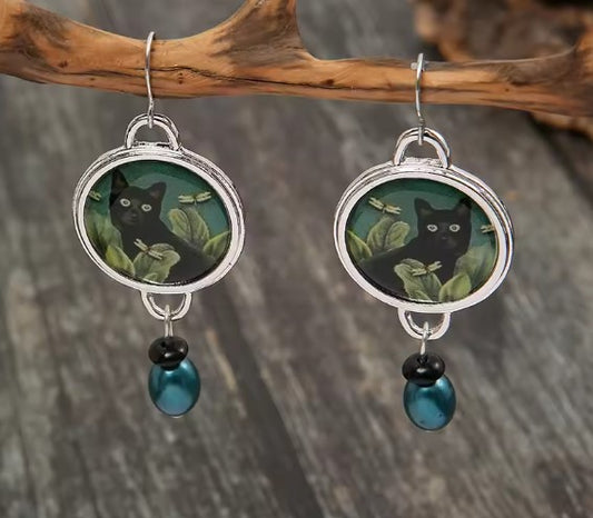 Vintage Round Black Cat Earrings