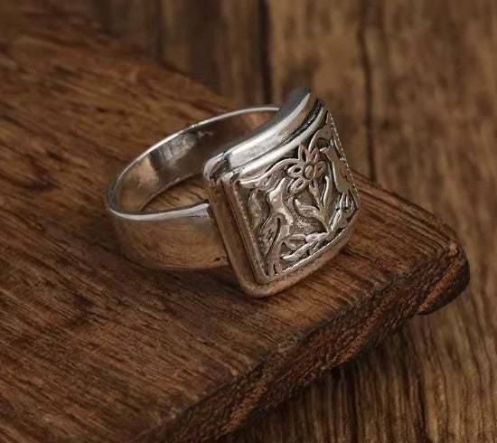 Vintage Flower Bird Silver Ring