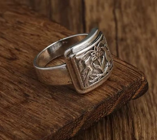 Vintage Flower Bird Silver Ring