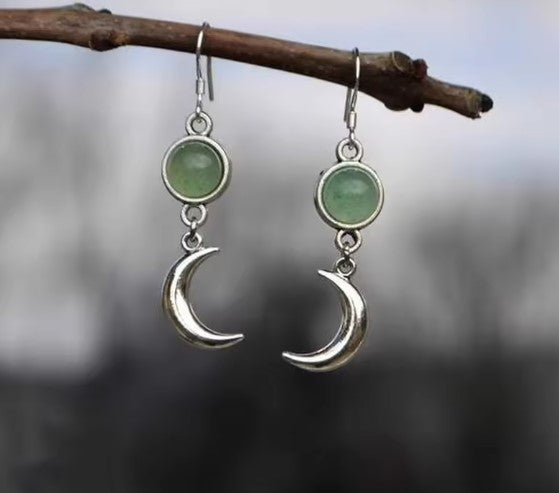 Exquisite Green Stone Moon Drop Earrings