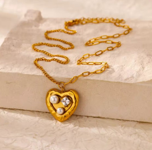 Athena Heart Zircon Pearl Necklace