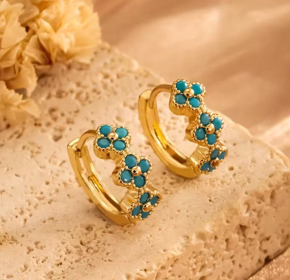 Classic Blue Flower Gold Earrings
