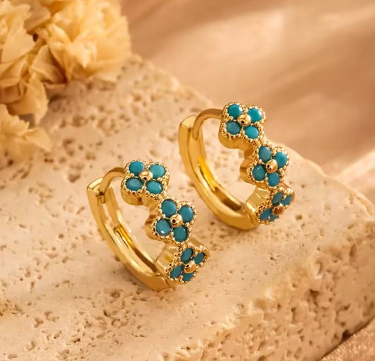 Classic Blue Flower Gold Earrings